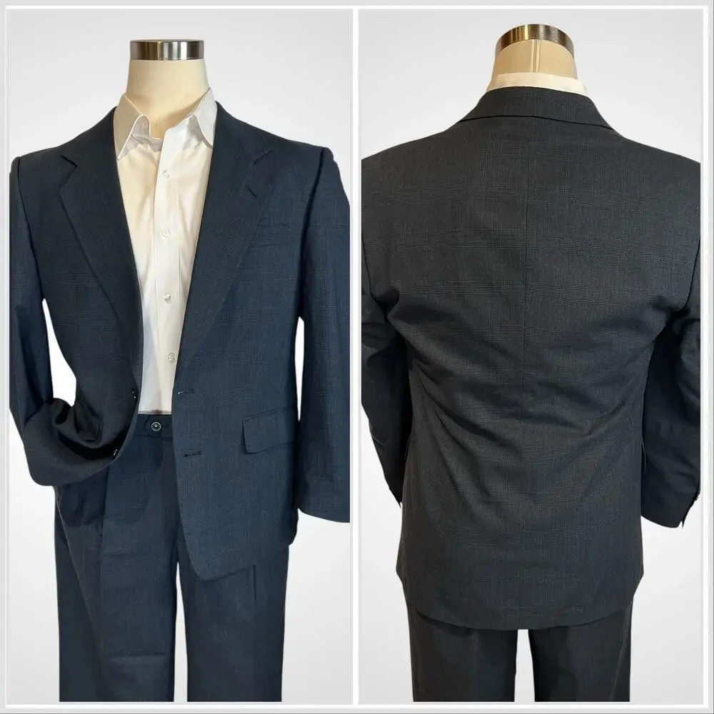 Versini Mens 40S 34x28 Midnight Navy Blue Tonal Glen Plaid Suit Twist Tech